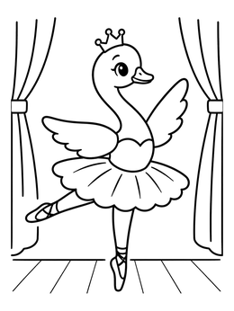 A cute ballerina swan coloring page dancing on stage with a crown and tutu.