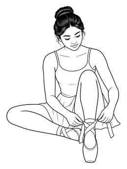 A seated dancer ties her ribbons in this graceful ballerina coloring page.