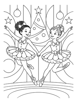 Two young ballerinas leap on stage in this festive christmas dance coloring page.