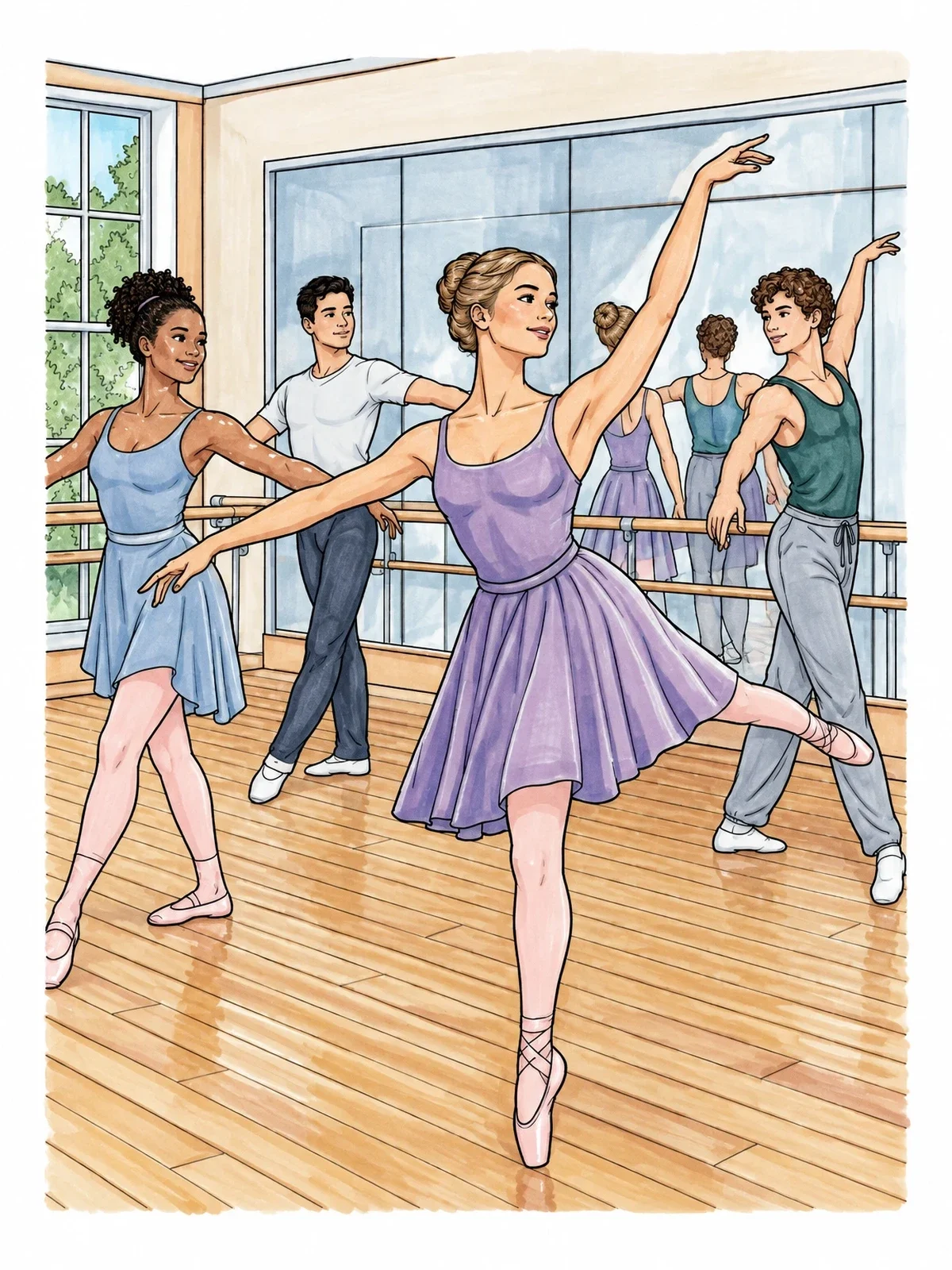Colored example of the Ballet Dancers Rehearsing In Studio coloring page