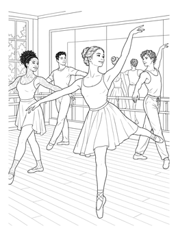 A detailed dance coloring page showing young ballet dancers practicing inside a studio with mirrors.