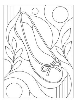 An elegant ballet flat surrounded by modern botanical lines in this shoe coloring page.