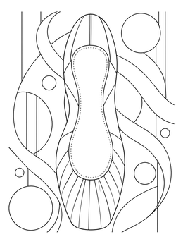 Detailed ballet pointe shoe coloring page showing the pleated sole and flowing ribbons.