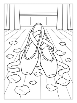 A pair of satin pointe slippers in this shoe coloring page rests among scattered petals on a dance stage.
