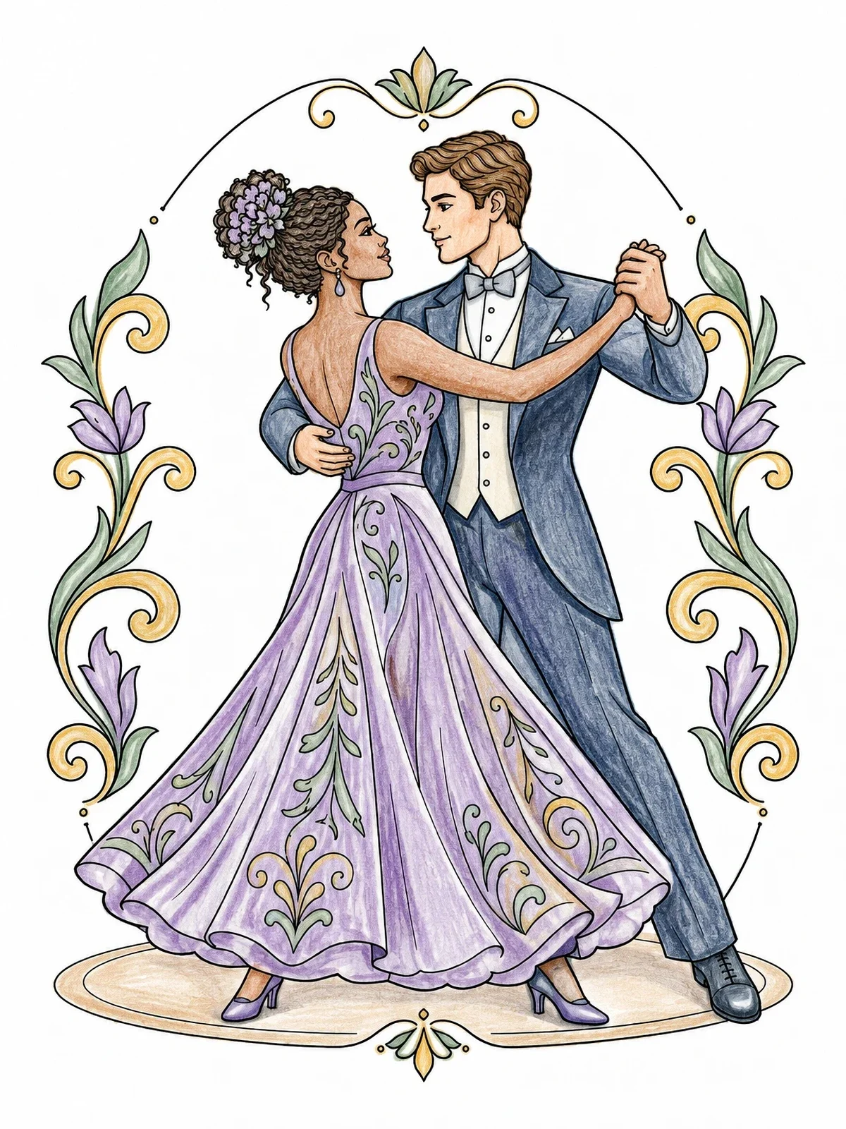 Colored example of the Ballroom Couple In Classic Dance Pose coloring page
