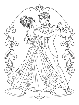 An elegant couple dances in a detailed frame on this dance coloring page.
