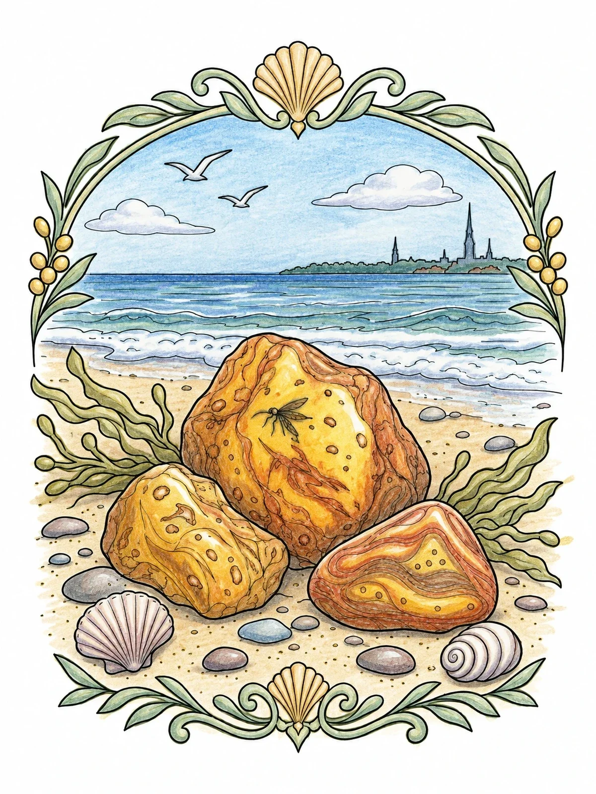 Colored example of the Baltic Amber On The Latvian Shore coloring page