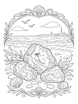 Baltic amber stones with an insect inclusion on a beach in this detailed Latvia coloring page.