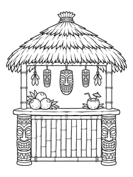 Tropical tiki coloring page featuring a thatched hut decorated with carved masks and coconuts.