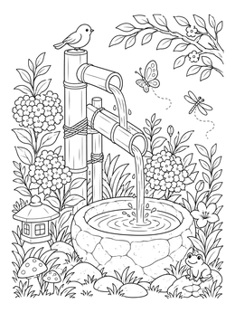 Free printable Bamboo Water Fountain In Peaceful Garden coloring page