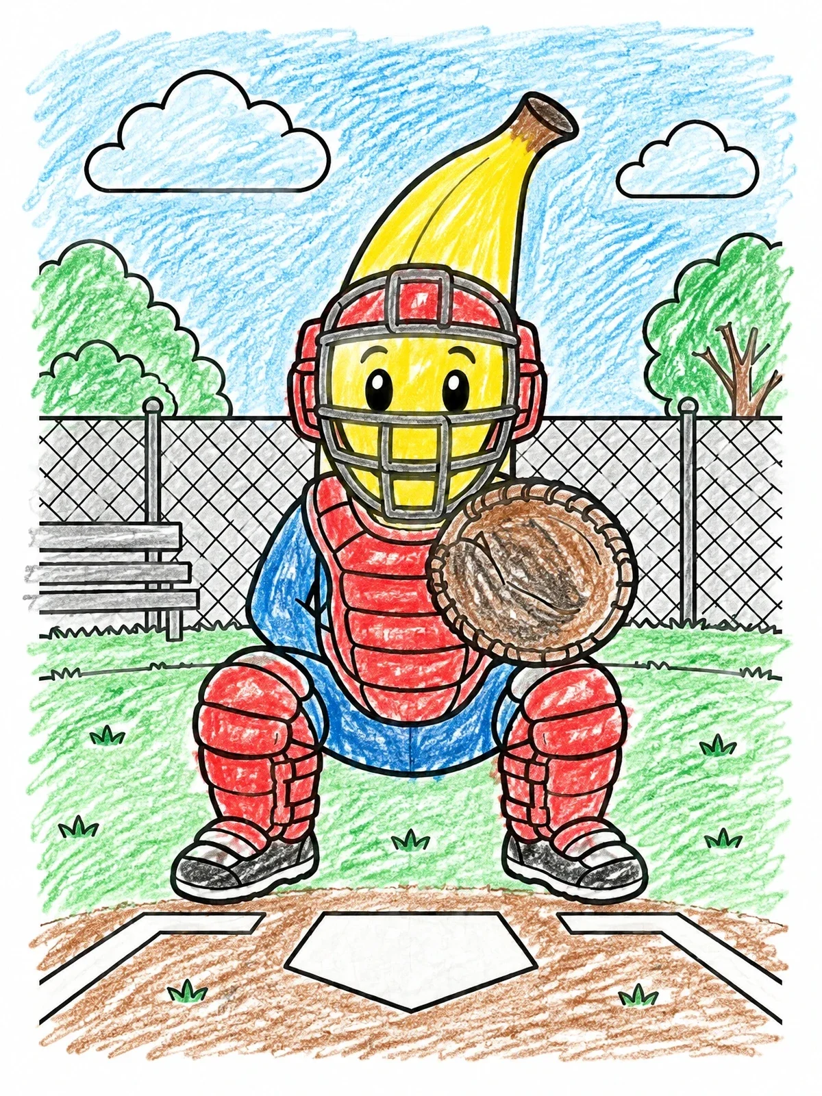 Colored example of the Banana Baseball Catcher Behind Home Plate coloring page