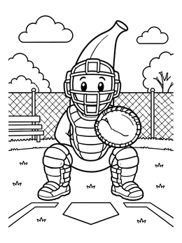 Free printable Banana Baseball Catcher Behind Home Plate coloring page