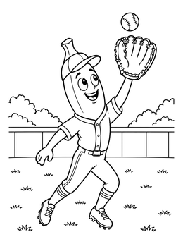 A cheerful cartoon banana coloring page catching a fly ball with a baseball mitt in the outfield.