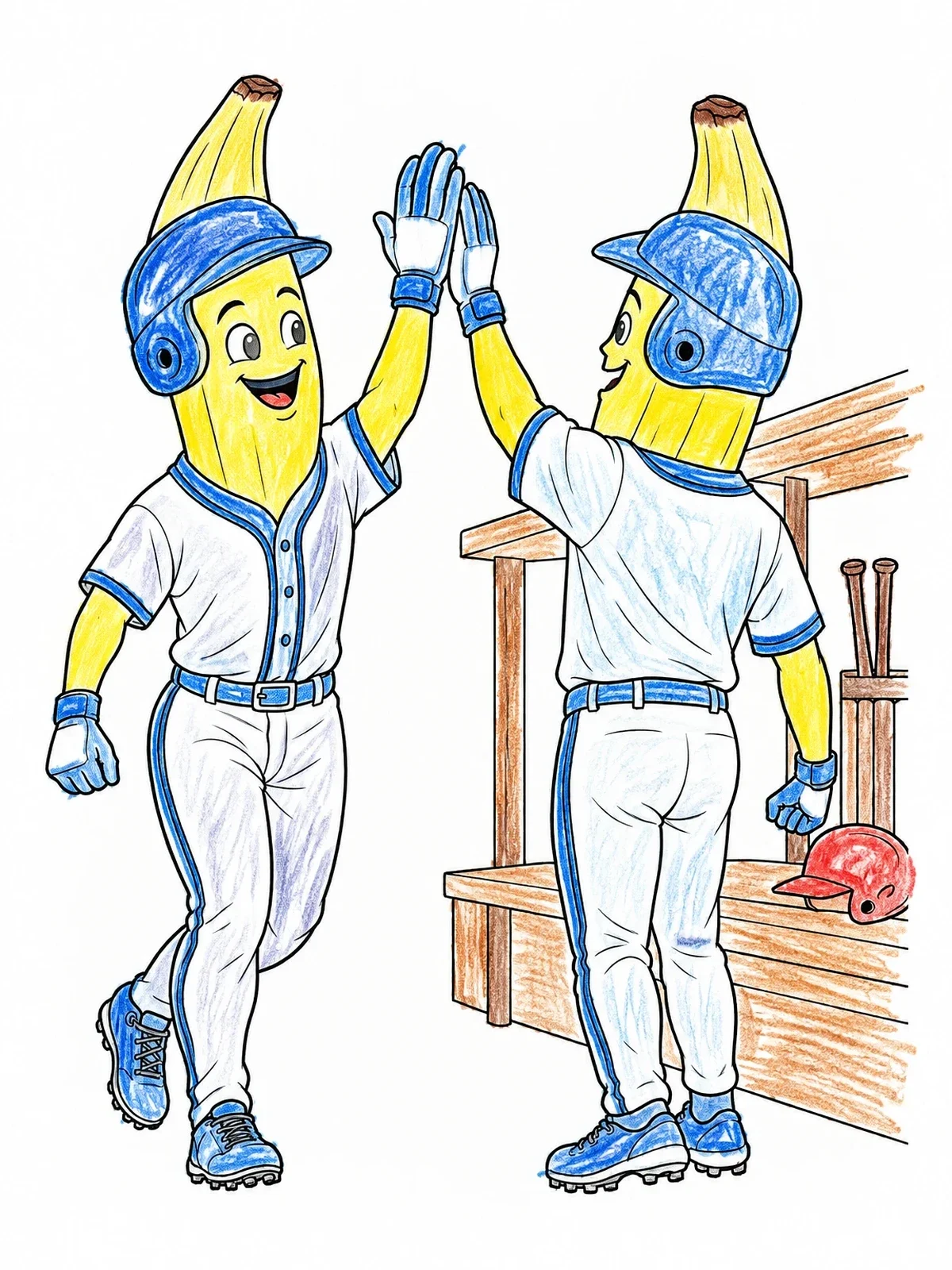 Colored example of the Banana Baseball Players High Five coloring page