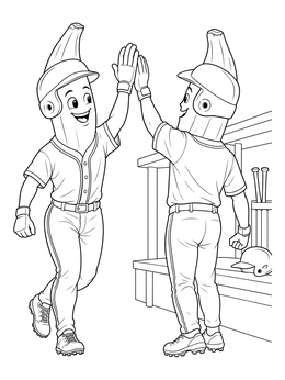 Two banana baseball players give a high five in this banana coloring page.