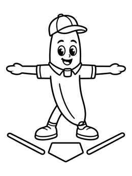 A cheerful banana umpire making a safe call at home plate in this banana coloring page.