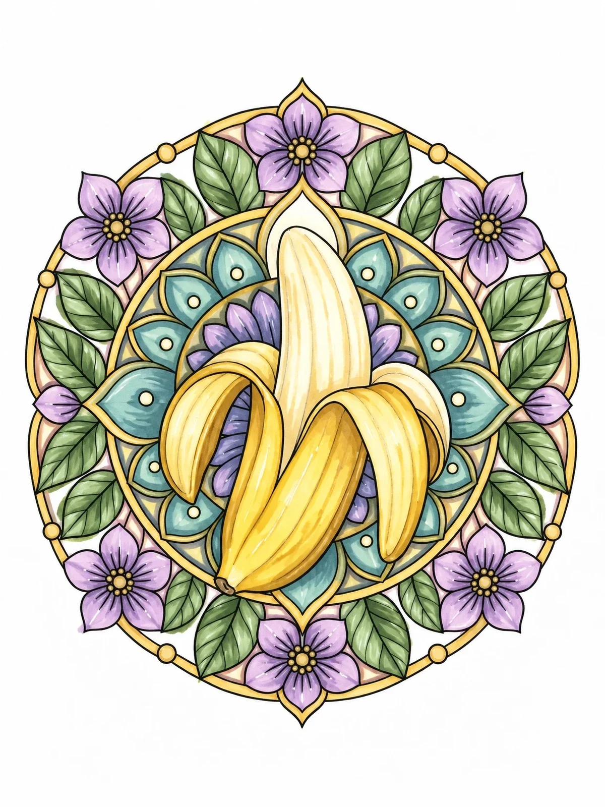Colored example of the Banana Floral Mandala Pattern coloring page