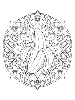 A detailed banana coloring page centered in an intricate floral mandala.