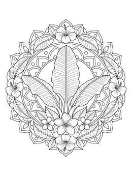 A detailed leaves coloring page featuring broad banana leaves and tropical hibiscus flowers in a circular mandala.