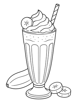 A tall glass of milkshake with whipped cream and fruit in this banana coloring page.