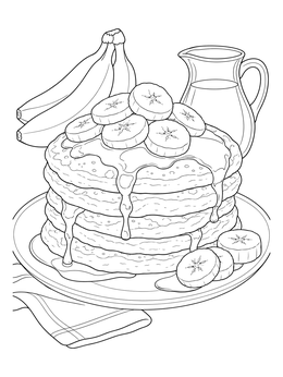 A stack of pancakes topped with syrup and fruit in this banana coloring page.