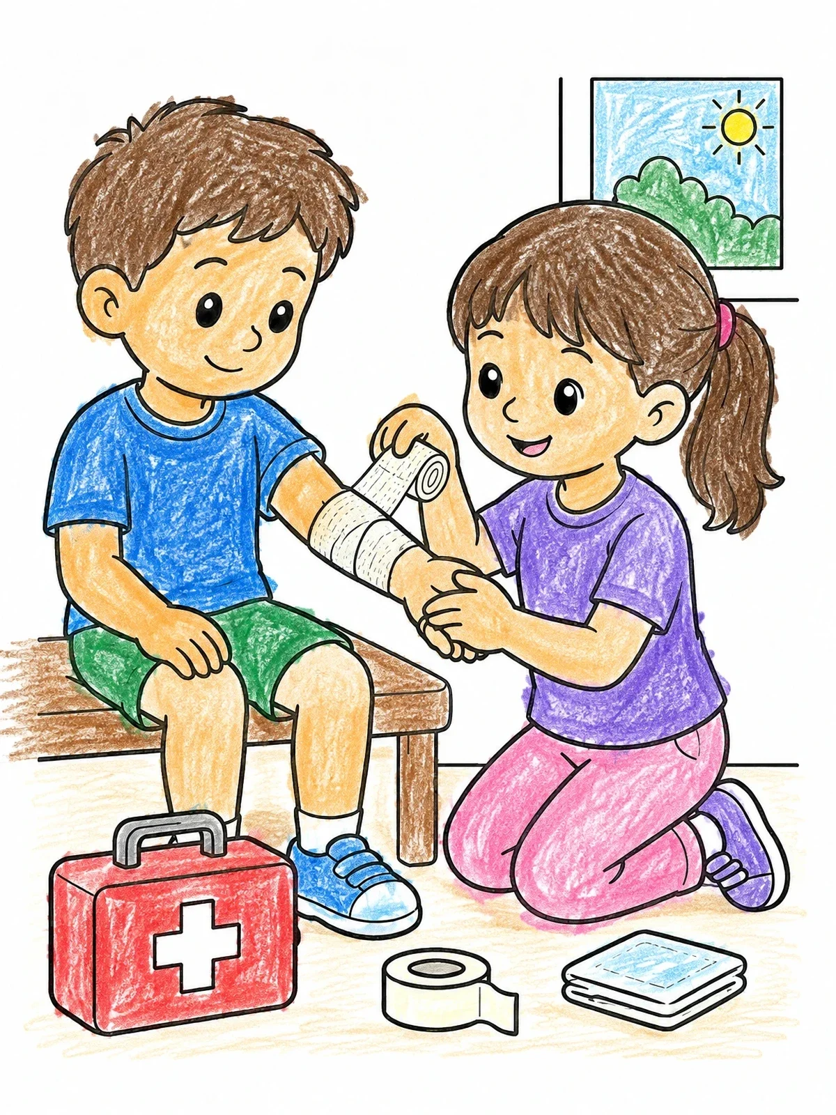 Colored example of the Bandaging An Arm First Aid coloring page