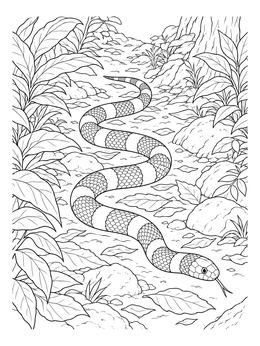 A detailed coral coloring page showing a striped coral snake slithering along a leafy forest trail.