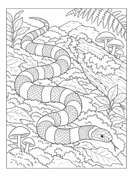 A detailed snake coloring page showing a striped serpent slithering among mushrooms and foliage.