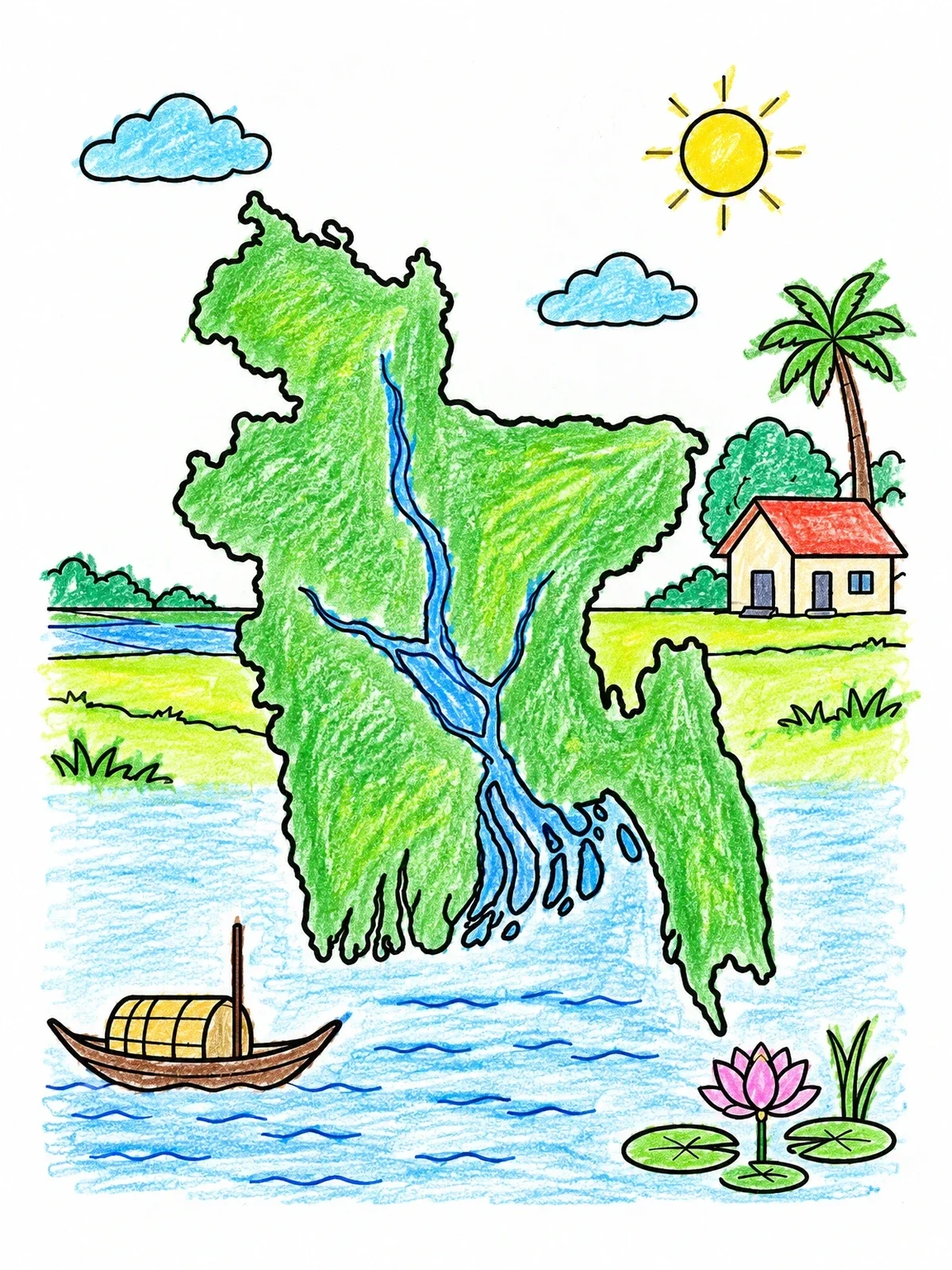 Colored example of the Map Of Bangladesh With Traditional Boat coloring page