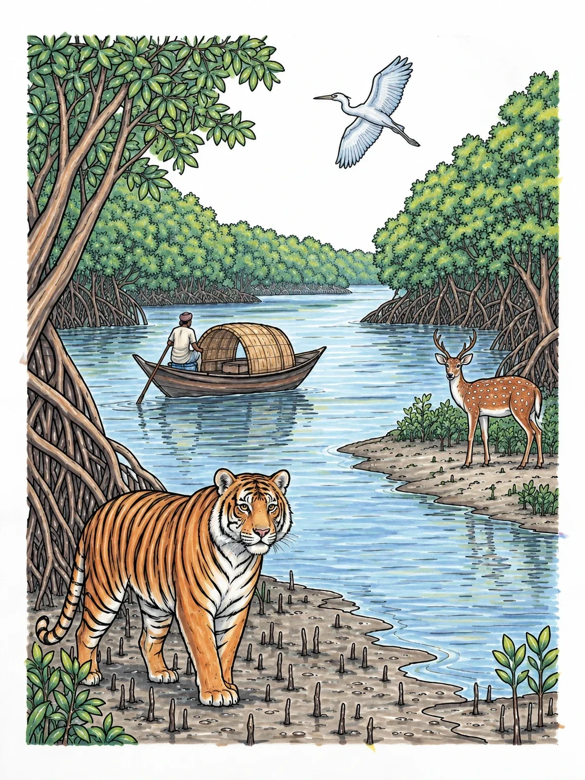 Colored example of the Sundarbans Wildlife And Mangrove River coloring page