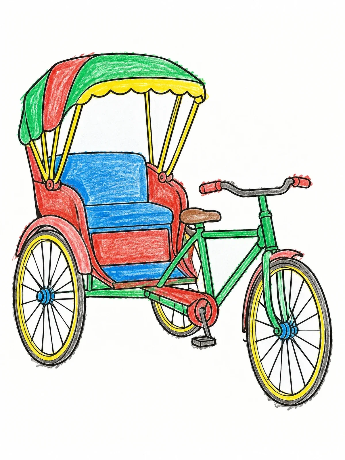 Colored example of the Traditional Cycle Rickshaw coloring page