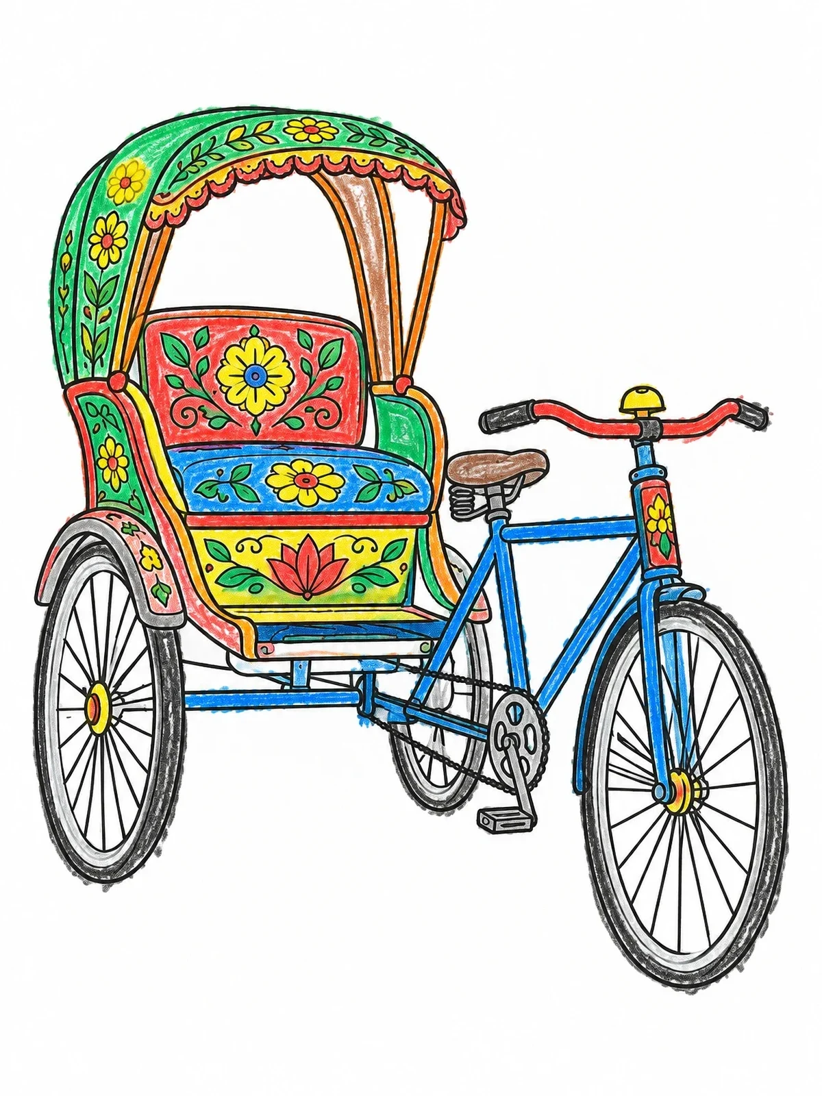 Colored example of the Decorated Bangladeshi Cycle Rickshaw coloring page
