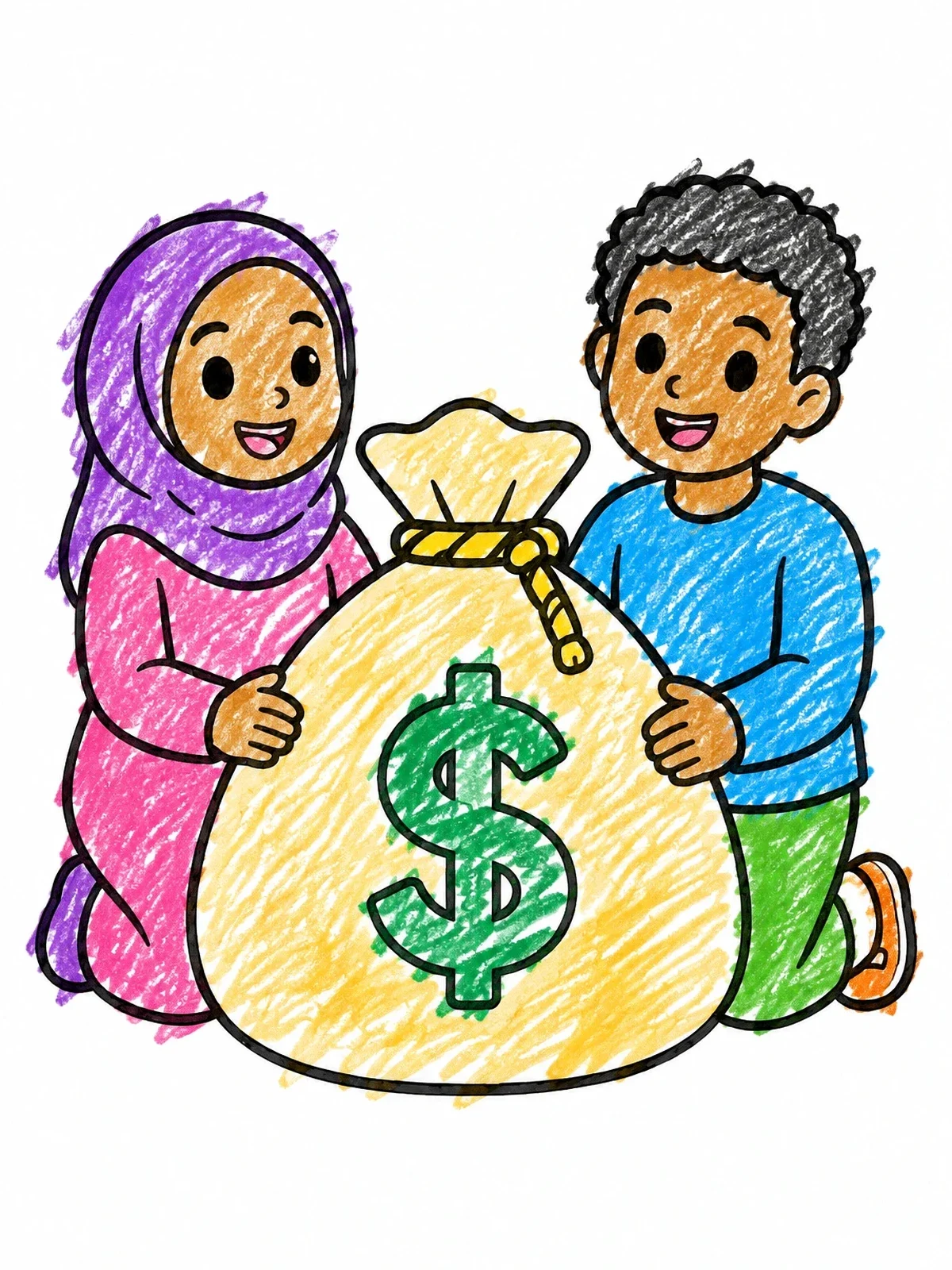 Colored example of the Children With Big Money Bag coloring page