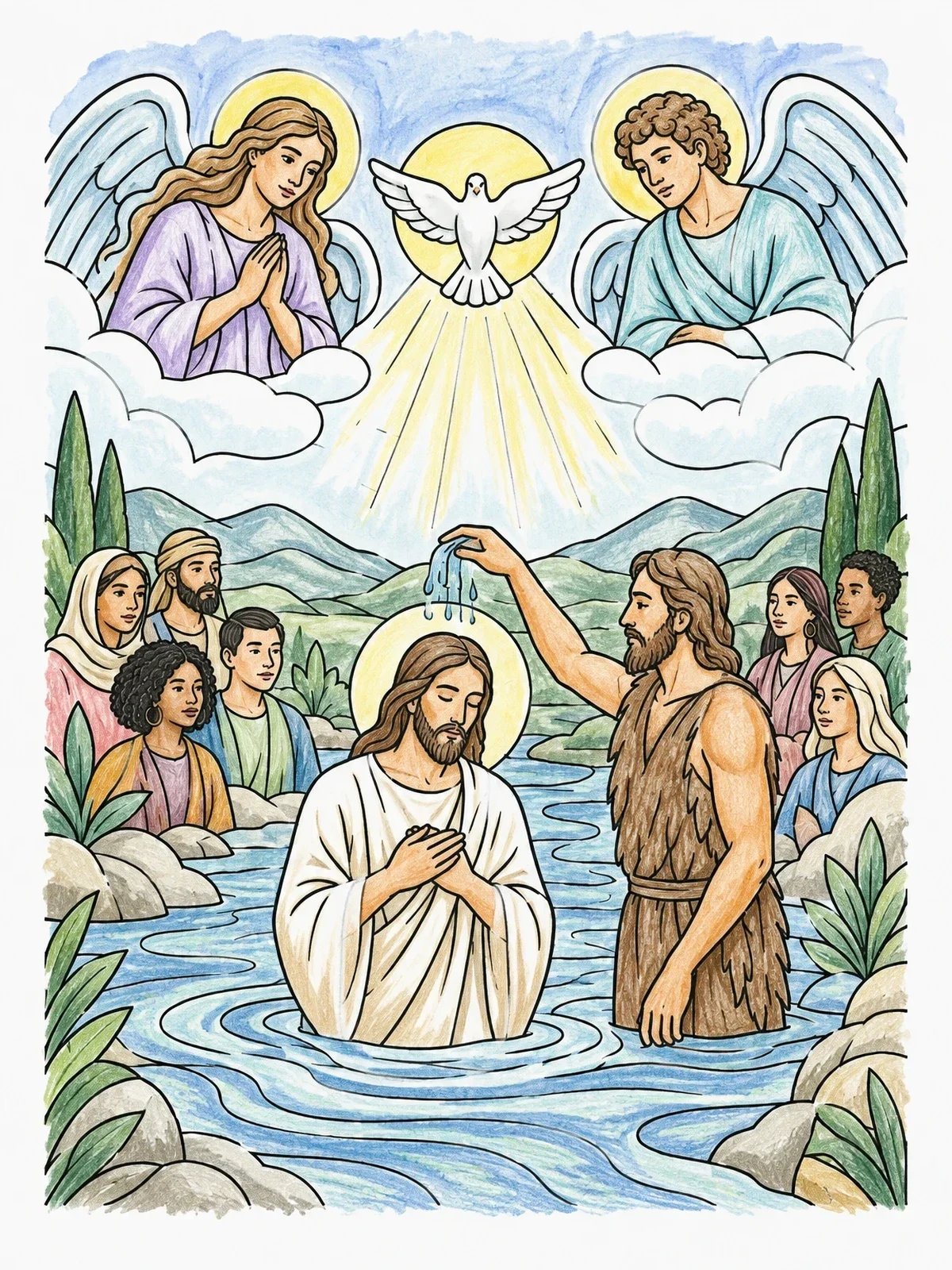 Colored example of the Baptism Of Jesus In Jordan River coloring page