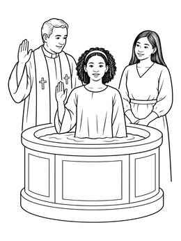 A baptism coloring page featuring a young girl in a water font with a minister and a woman.