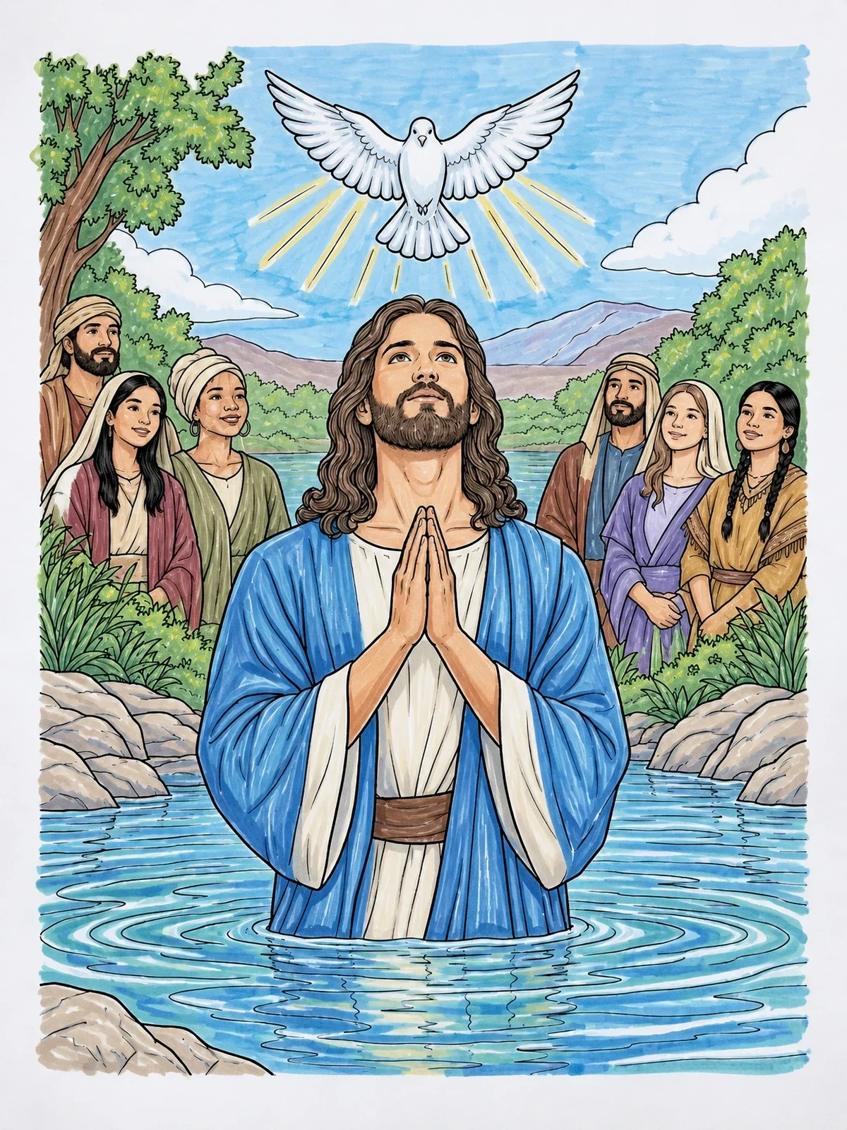 Colored example of the Baptism Of Jesus In Jordan River coloring page