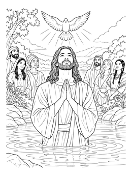 A baptism coloring page depicting Jesus in the river under a descending dove.