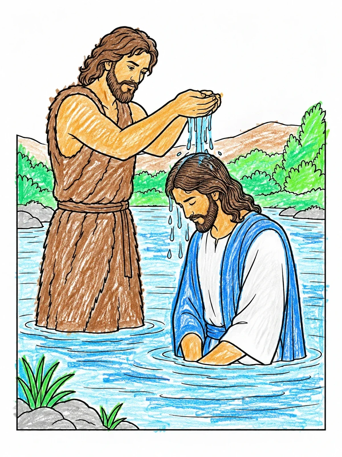 Colored example of the Baptism Of Jesus In The Jordan River coloring page