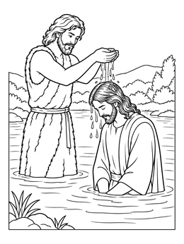 A serene baptism coloring page showing John pouring water over Jesus in the river.