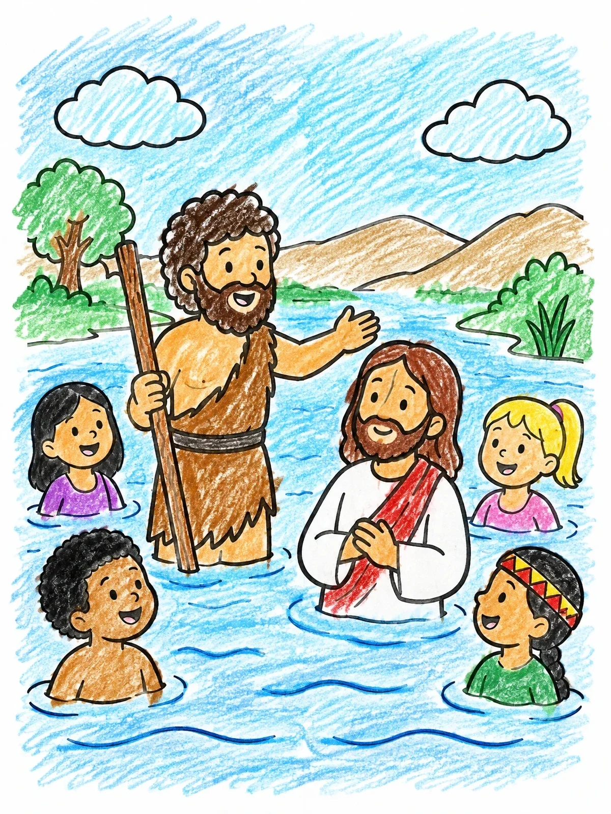 Colored example of the John The Baptist And Jesus In The Jordan River coloring page