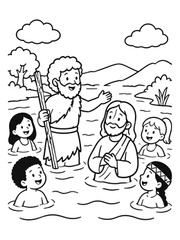 A baptism coloring page showing John the Baptist welcoming Jesus into the river surrounded by smiling children.