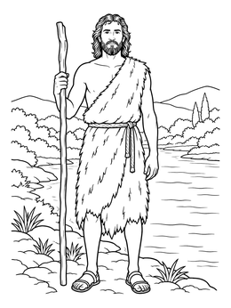John the Baptist stands by the river in this detailed baptism coloring page.