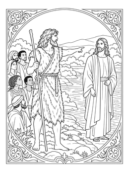 A detailed baptism coloring page showing John the Baptist gesturing toward Jesus by the river.