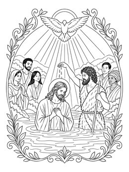 A detailed john the baptist coloring page depicting the baptism of Jesus with a dove above.
