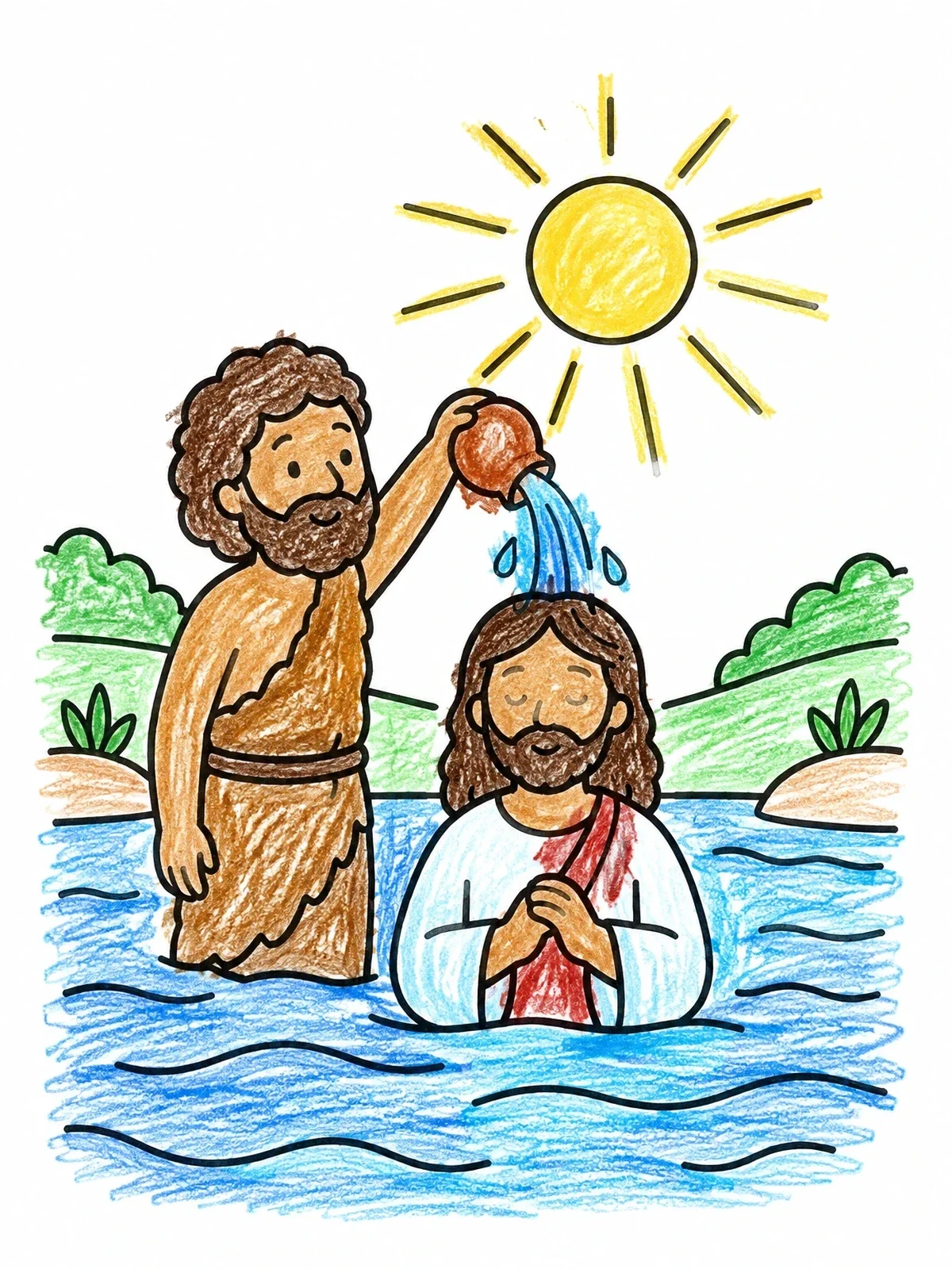Colored example of the Baptism Of Jesus In The Jordan coloring page