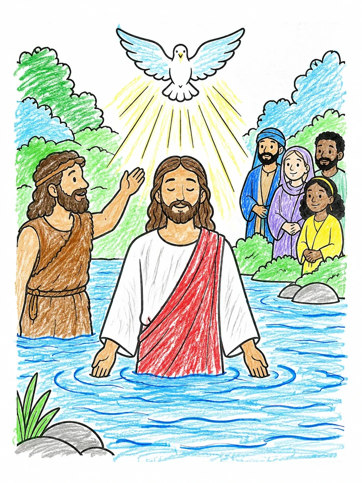 Colored example of the Baptism Of Jesus In The River coloring page