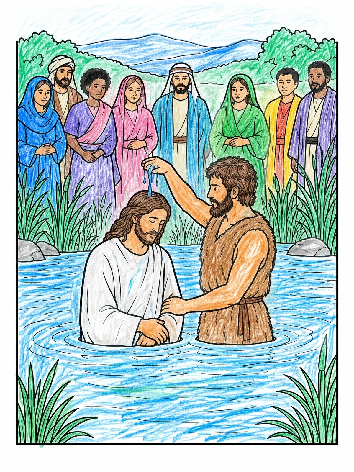 Colored example of the Baptism Of Jesus In The River Jordan coloring page
