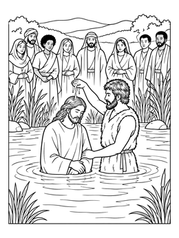A peaceful baptism coloring page showing John the Baptist baptizing Jesus in a river as followers watch.
