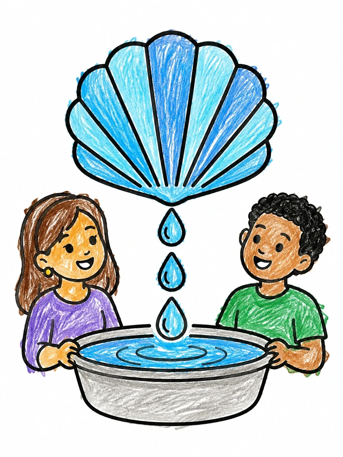 Colored example of the Children With Baptism Shell And Font coloring page