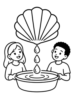 Free printable Children With Baptism Shell And Font coloring page